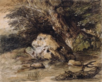 Ett kuperat landskap med figurer som närmar sig en bro, ca 1763 (wc och gouache på papper) av Thomas Gainsborough