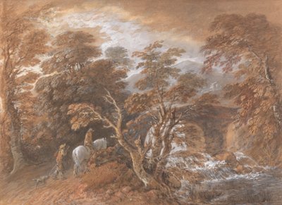 Kuperat landskap med figurer som närmar sig en bro av Thomas Gainsborough