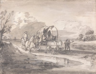 Öppet landskap med ryttare och täckt vagn av Thomas Gainsborough