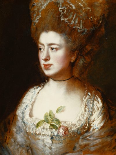 Porträtt av fröken Mary Gainsborough, senare fru Fischer, konstnärens dotter, huvud och axlar, vänd åt höger, iklädd en blå och vit klänning med en rosa ros i sitt korsage, av Thomas Gainsborough