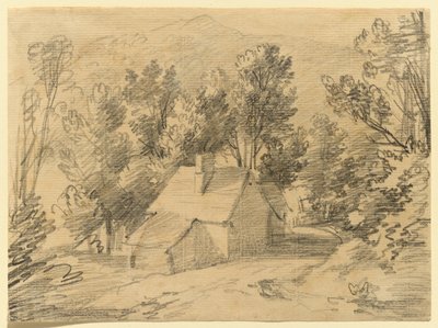Studie av ett hus och ett skjul i en skogklädd dal av Thomas Gainsborough