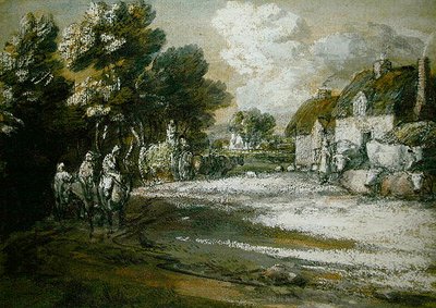 Resenärer som passerar en by (svartvit krita på papper) av Thomas Gainsborough