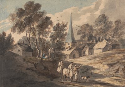 Resenärer på hästryggen närmar sig en by med en spira av Thomas Gainsborough