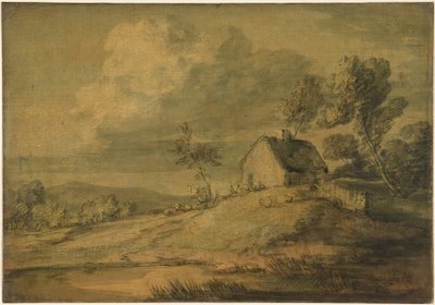 Skogslandskap med stuga, kor och får av Thomas Gainsborough