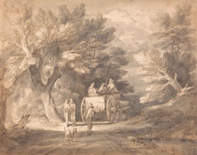 Skogbevuxen landskap med landsvagn och figurer som går nerför en körfält av Thomas Gainsborough