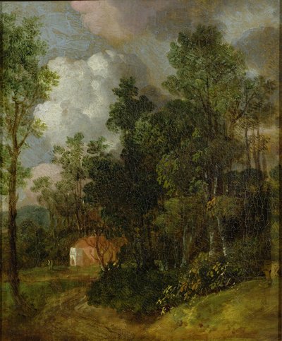 Skogbevuxen landskap med lanthus och två figurer, ca 1752 (olja på duk på duk) av Thomas Gainsborough