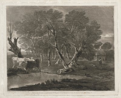 Skogbevuxen landskap med kor bredvid en pool, figurer och stuga av Thomas Gainsborough