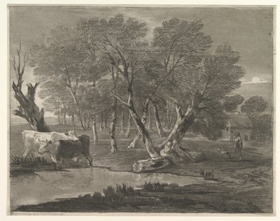 Skogbevuxen landskap med kor bredvid en pool, figurer och stuga, 1775-80. av Thomas Gainsborough