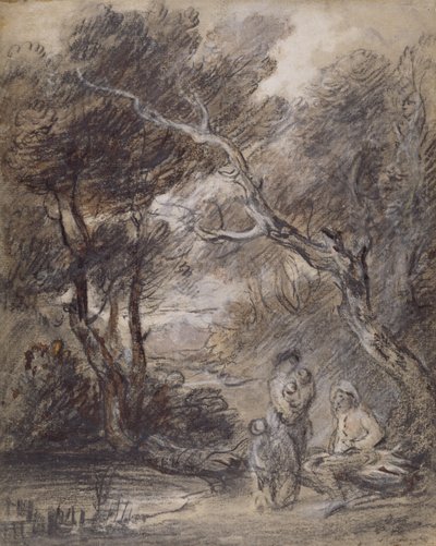Skoglandskap med figurer, ca 1788 (krita, tvätt och gouache på papper) av Thomas Gainsborough