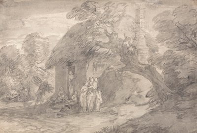 Skogbevuxen landskap med figurer utanför en stugdörr av Thomas Gainsborough