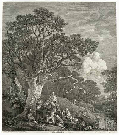 Skogbevuxen landskap med zigenare samlade runt en eld av Thomas Gainsborough