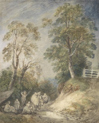 Wooded Landscape with Gypsy Encampment, ca 1760-65 (akvarell och gouache över penna och krita på papper) av Thomas Gainsborough
