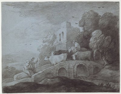 Skogbevuxen landskap med herdsman som driver boskap (etsning på papper) av Thomas Gainsborough