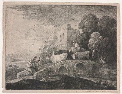 Skogbevuxen landskap med herdsmen som driver boskap av Thomas Gainsborough