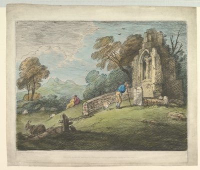Skogbevuxen landskap med bondeläsande gravsten, rustika älskare och ruinerad kyrka, 1 augusti 1797. av Thomas Gainsborough