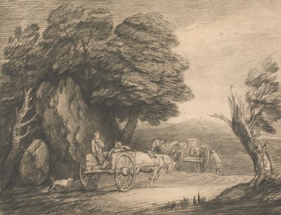Skogbevuxen landskap med två land vagnar och figurer av Thomas Gainsborough