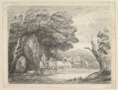 Skogbevuxen landskap med två landskärror och figurer, 1 augusti 1797. av Thomas Gainsborough