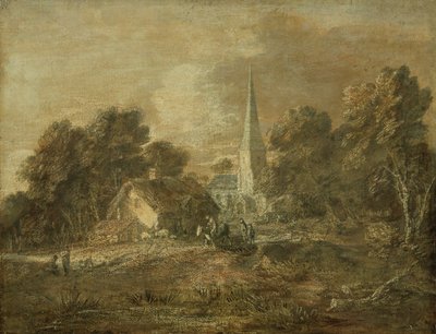 Skogbevuxen landskap med byscen av Thomas Gainsborough
