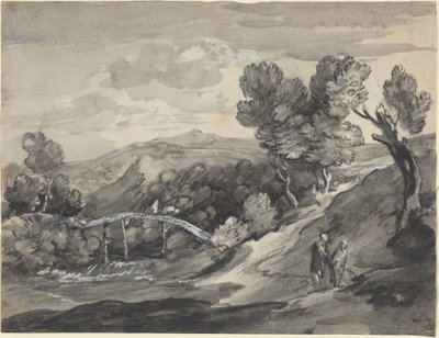 Skogklätt höglandslandskap med en bro av Thomas Gainsborough