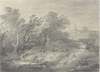 Skogar nära en by med kaninfångare och deras vinthundar av Thomas Gainsborough
