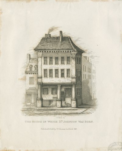 Lichfield - Dr. Johnsons födelseplats: gravyr (vinjeterad), nd [c 1831] (tryck) av Thomas George Lomax