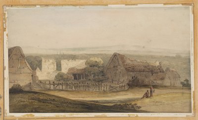 En vidsträckt byggnad med lantbruksbyggnader och en kyrkoruin av Thomas Girtin