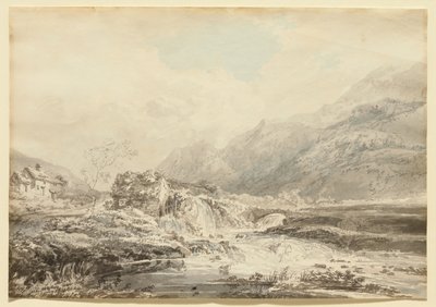 Bergslandskap med överfallskvarn och bro av Thomas Girtin