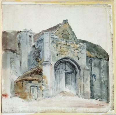 The Tithe Barn, Abbotsbury (akvarell på papper) av Thomas Girtin