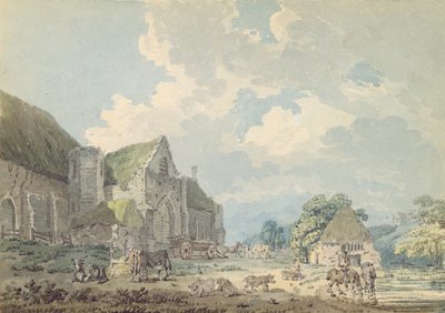 Tithe Barn i Abbotsbury med Abbey på kullen..., ca 1795 (wc över grafit på papper) av Thomas Girtin