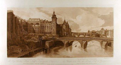 Vy över Pont au Change, Stadsteatern, Pont Neuf, Conciergeriefängelset etc., sedd från Pont Notre-Dame av Thomas Girtin