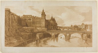 Utsikt över Pont au Change, Stadsteatern, Pont Neuf, Conciergerie-fängelset, etc. tagen från Pont Notre Dame, från ett urval av tjugo av de mest pittoreska vyerna i Paris av Thomas Girtin