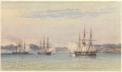 Kinakriget 1857, tre av HM:s fartyg bombarderar och fartygsbåtar vid kusten av Thomas Goldsworth Dutton