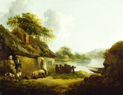 En zigenarfamilj utanför en lada i ett landskap (olja på duk) av Thomas Hand