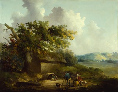 Bönder utanför en stuga (olja på duk) av Thomas Hand