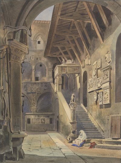 Bargellos domstol, Florens, 1839 (wc med bläck och penna på papper) av Thomas Hartley Cromek