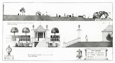Southport: Sektion och detaljer av övre terrassen och väggarna, från Thomas Mawsons "Studies in Town Planning", publicerad 1911. av Thomas Hayton Mawson