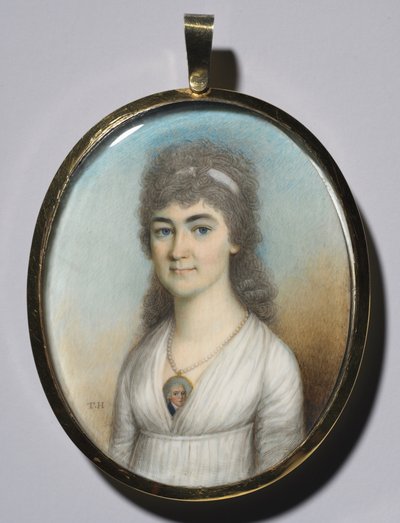 Porträtt av en kvinna som bär en miniatyr, ca. 1780. av Thomas Hazlehurst