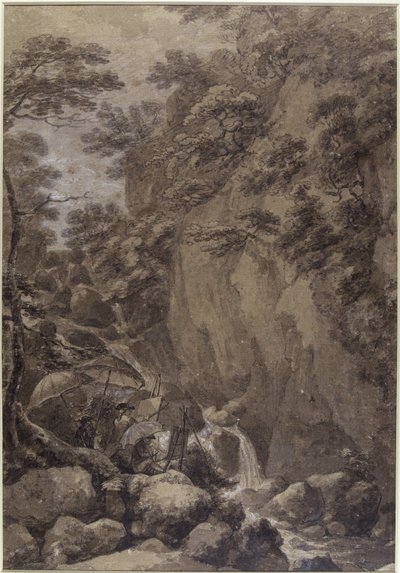 Sir George Beaumont och Joseph Farington målar ett vattenfall, 1777 (penna och bläck med tvätt på papper) av Thomas Hearne