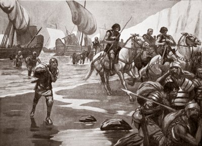 Caesars andra landstigning, 54 f.Kr., illustration från "Hutchinson