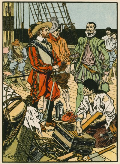 Tillfångatagen skatt. Sir Francis Drake (färglitografi) av Thomas Heath Robinson