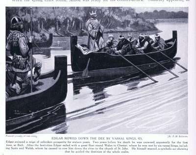 Edgar rodde nedför Dee av vassallkungar AD973 (litografi) av Thomas Heath Robinson
