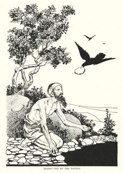 Elijah matad av korparna (litografi) av Thomas Heath Robinson