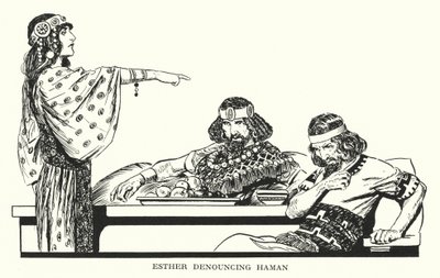 Ester fördömer Haman (litografi) av Thomas Heath Robinson