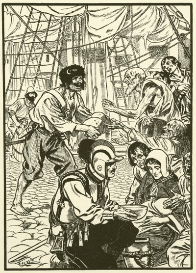 Att mata de hungriga medborgarna (gravyr) av Thomas Heath Robinson