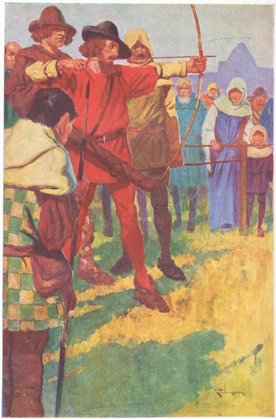 Han spände sin båge för ett kort ögonblick och lossade sedan strängen (färglitografi) av Thomas Heath Robinson