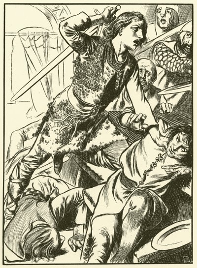 Hereward och hans män attackerar normanderna (gravyr) av Thomas Heath Robinson