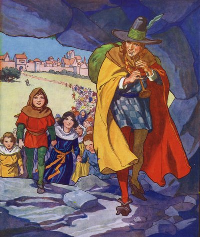 Illustration till The Pied Piper of Hamelin (färglitografi) av Thomas Heath Robinson