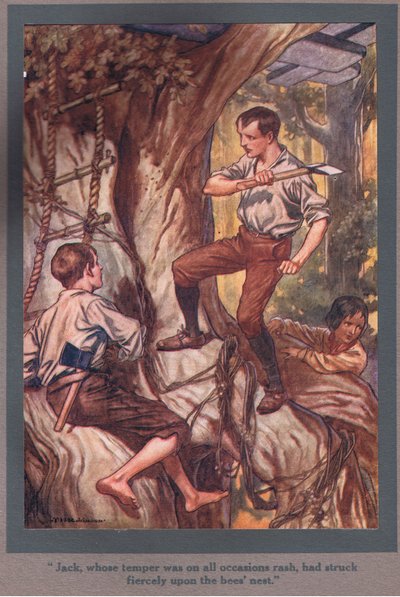 Jack, vars temperament alltid var obetänksamt, hade slagit hårt mot binas bo (färglitografi) av Thomas Heath Robinson
