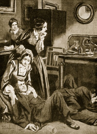 James Simpson och hans assistenter upptäcker kloroform, november 1847 (litografi) av Thomas Heath Robinson