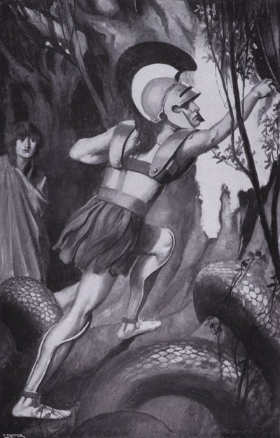 Jason hoppade fram ... och slet skinnet av trädstammen (litografi) av Thomas Heath Robinson